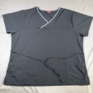 Denice Mock Wrap Scrub Top Womens 3XL Black Contrast Trim Back Tie Medical Care